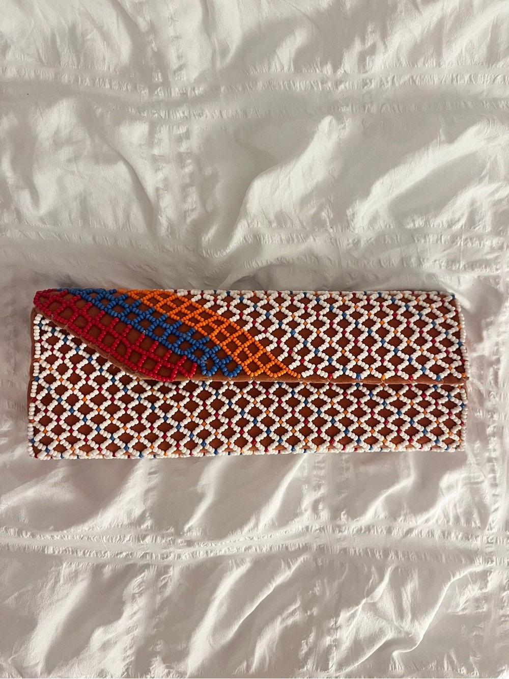 Handmade Beaded Multicolor Envelope Clutch - Brown , White, Red, Blue, Oran. Col